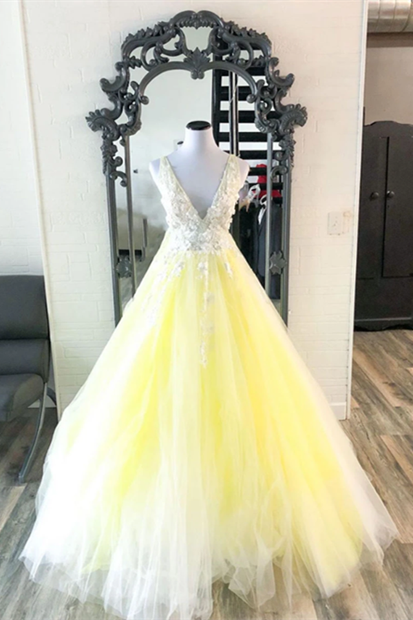Yellow V Neck Tulle Lace Long Prom Dress Yellow Formal Dress KPP1370