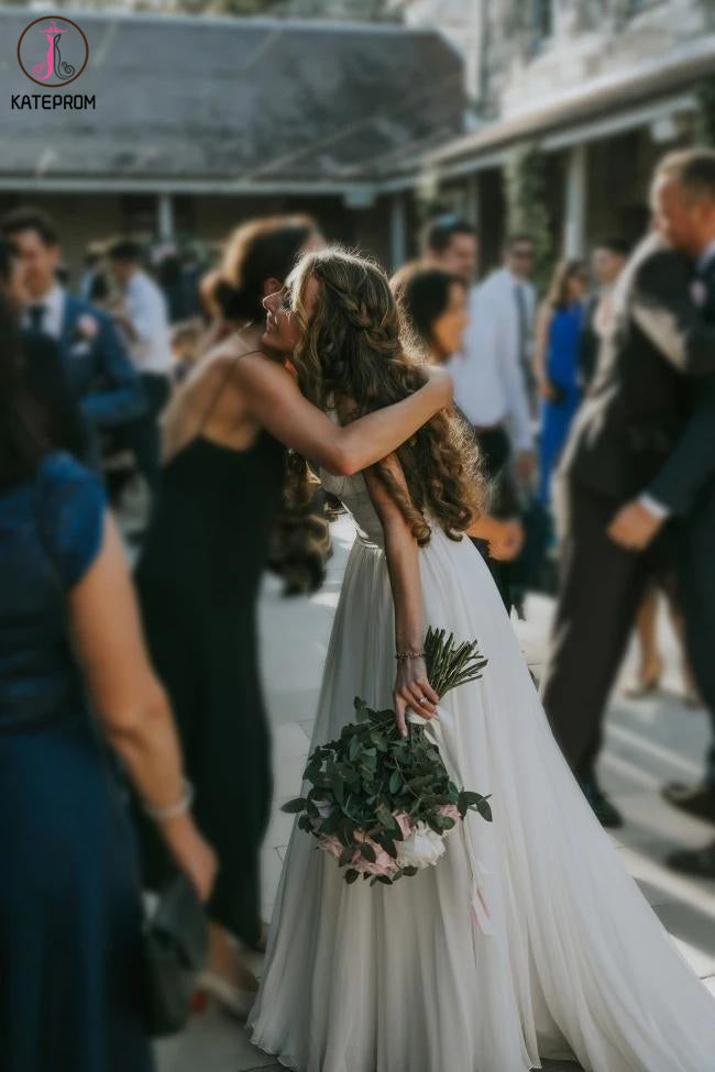 Fairy A-line V Neck Sleeveless Chiffon Beach Wedding Dresses With Button, Simple Bridal Dress KPW0584