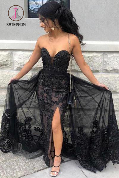 Black Sweetheart Tulle Prom Dress with Lace Appliques, Long Strapless Split Formal Dress KPP0952