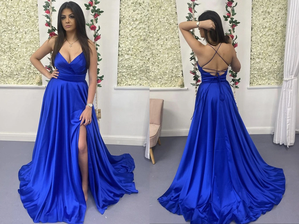 A Line V Neck Backless Royal Blue Satin Long Prom Dress, Open Back Royal Blue Formal Graduation Evening Dress