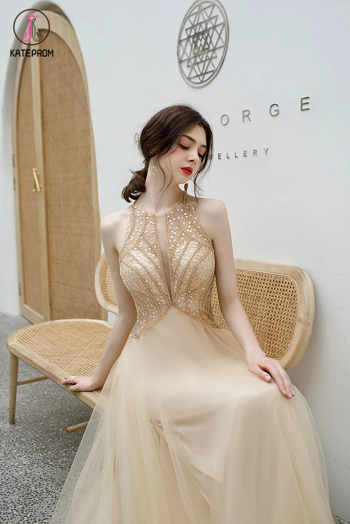 Elegant Sleeveless Tulle Prom Dress with Sequins, Floor Length Open Back Evening Dress KPP1294