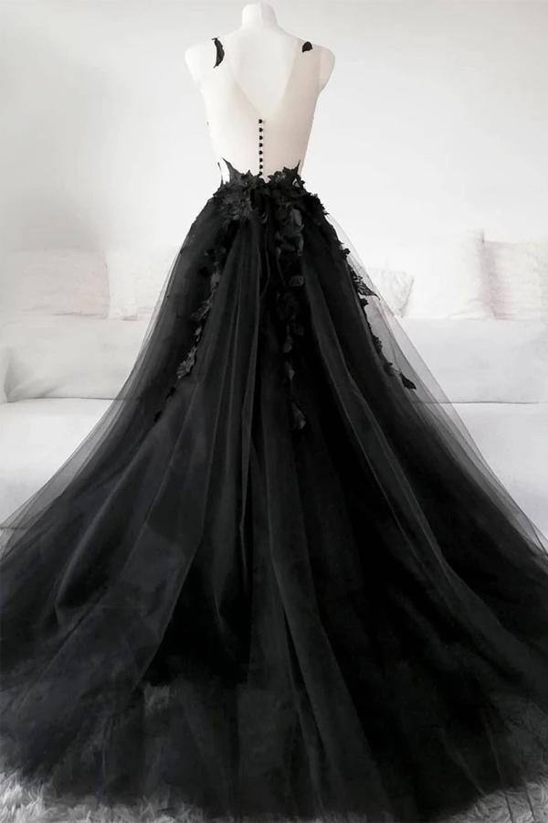 Black Lace Tulle Long Prom Gown Black Evening Dress KPP1398
