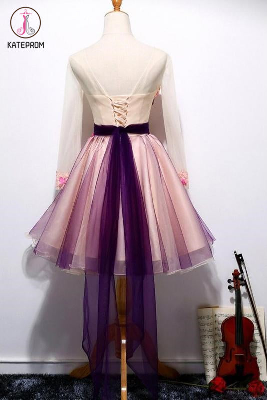 A Line Long Sleeves Tulle Short Homecoming Dresses with Appliques and Flowers KPH0416