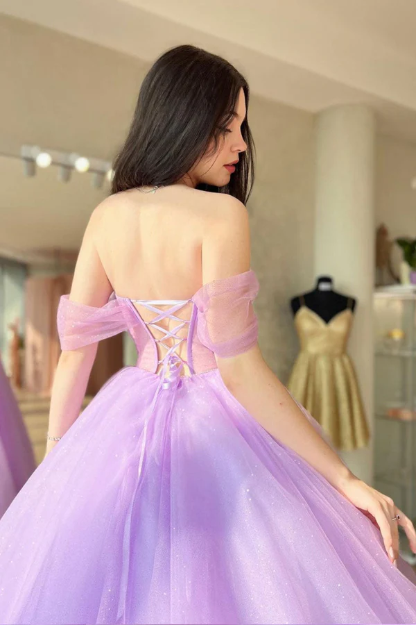 A Line Sweetheart Neck Tulle Purple Long Prom Dress Formal Dresses KPP1691