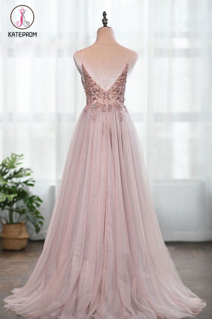 Dusty Pink Spaghetti Straps Gorgeous Beading Prom Dress, A Line Split Tulle Evening Dresses KPP1109