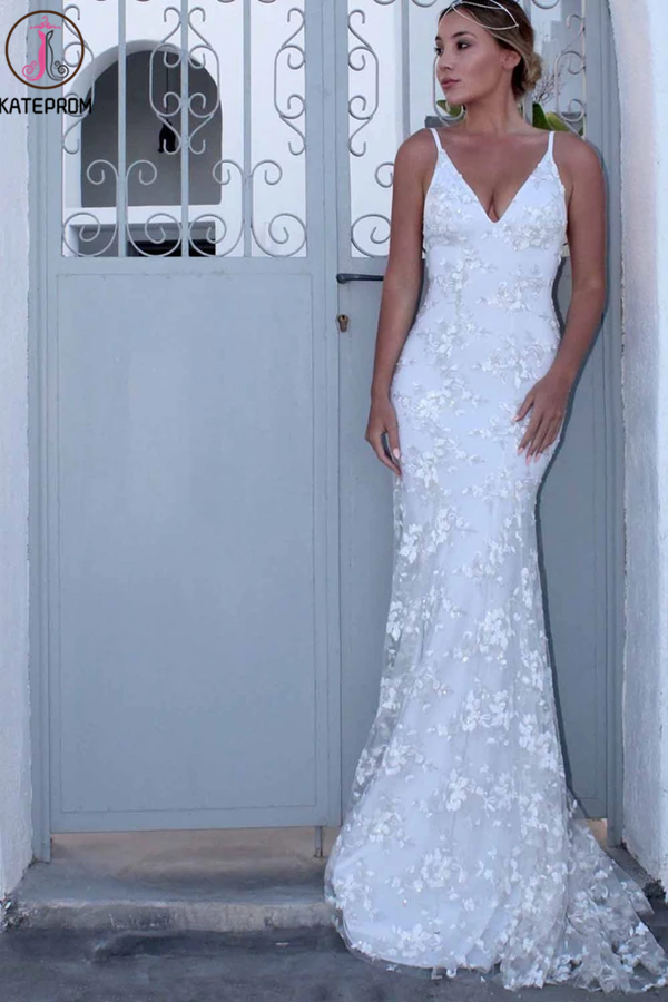 Sexy Backless Off White Mermaid Lace V Neck Wedding Dresses, Long Prom Dresses KPW0611