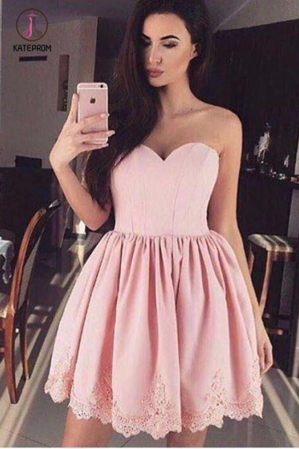 Pink Sweetheart Lace Appliques Short Graduation Dress, New Strapless Homecoming Dress KPH0328