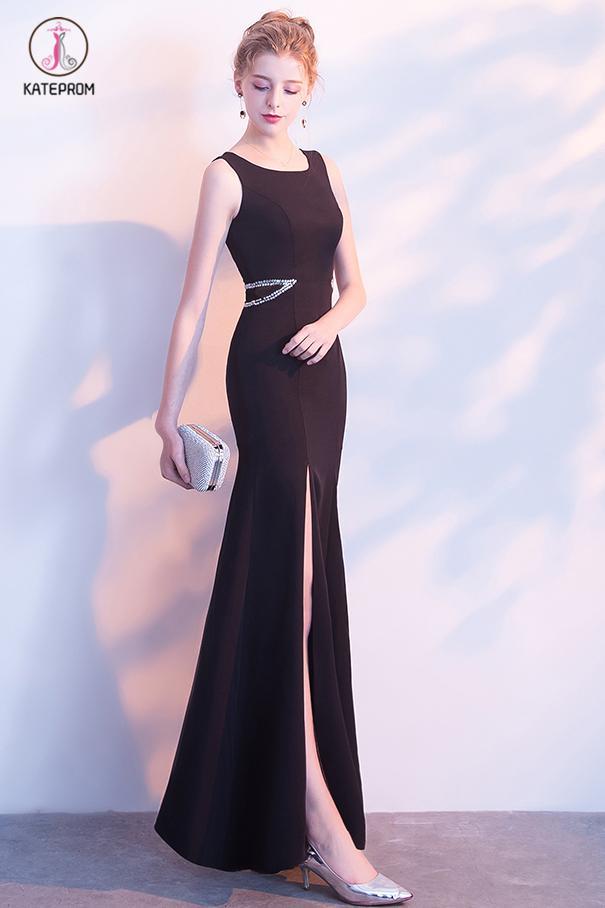 Black Mermaid Long Evening Dress with Side Slit, Floor Length Prom Dress with Beads KPP0697