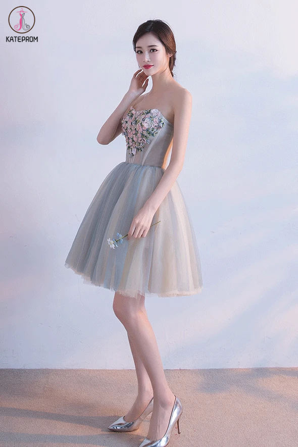 Cute Sweetheart Homecoming Dress with Flowers, Short Strapless Prom Dresses KPH0507