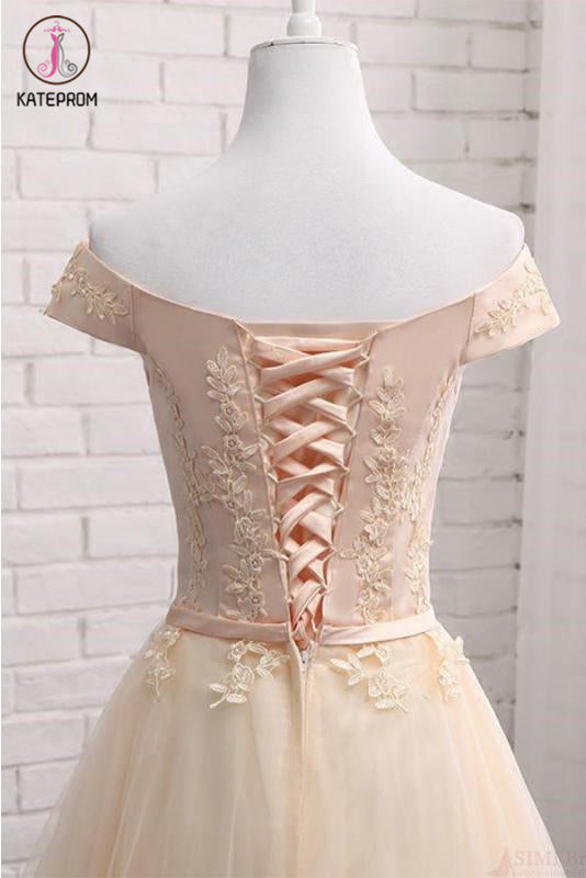 A Line Off Shoulder Tulle Short Homecoming Dress with Appliques, Mini Sweet 16 Dress KPH0408