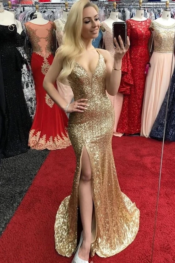 Sexy Sheath Front Split Long Sequin Shiny Prom Dresses Party Dress KPP1358