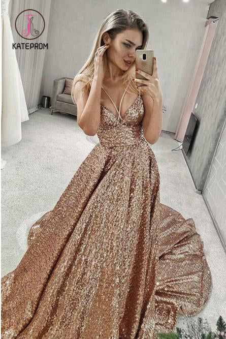 Shiny Puffy Sleeveless Sequined Court Train Prom Dress, Sparkly Sequin Evening Dresses KPP1049