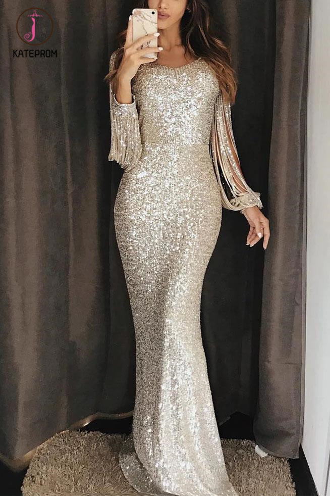 Unique Mermaid Evening Dress with Tassel Sleeve, Sequin Maxi Prom Dress KPP1079