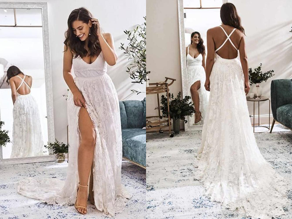 Elegant A Line V Neck Lace Ivory Beach Wedding Dresses with Slit, Bridal Gowns KPW0679