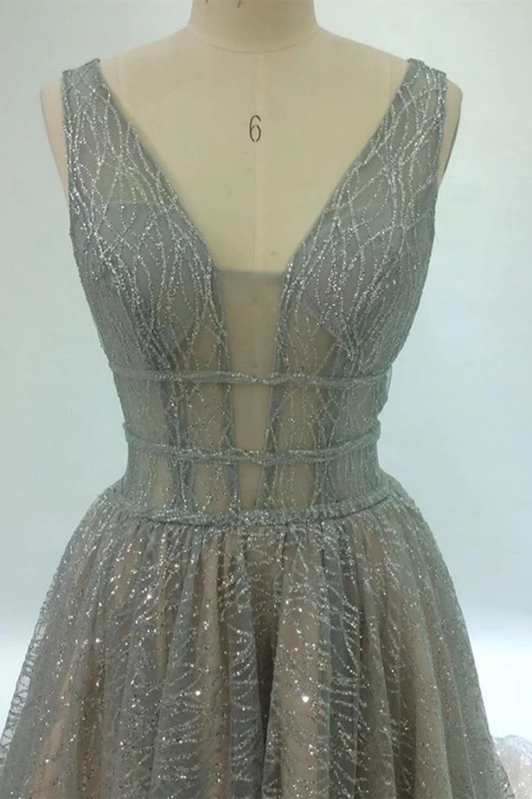 Shiny V Neck Open Back Champagne Long Prom Dresses, Formal Graduation Dress KPP1739