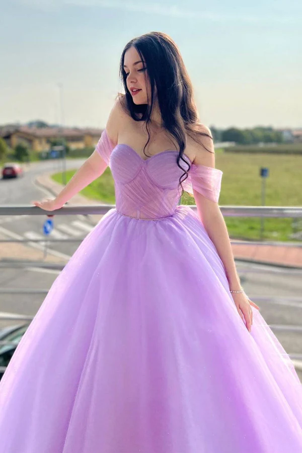 A Line Sweetheart Neck Tulle Purple Long Prom Dress Formal Dresses KPP1691