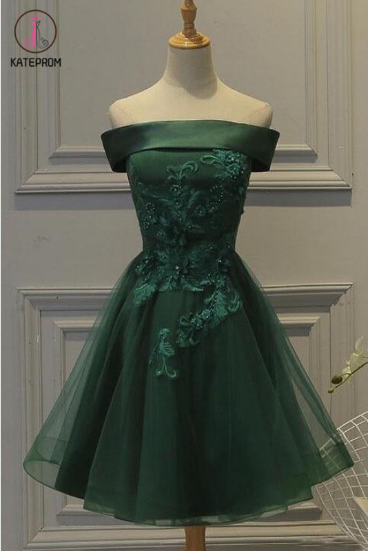 Dark Green Off the Shoulder Tulle Homecoming Dress, A Line Appliqued Short Prom Dress KPH0437