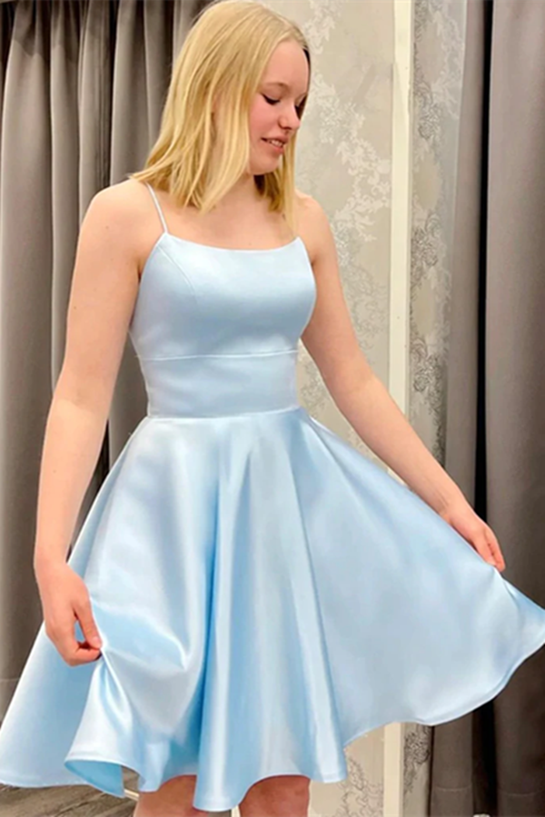 Short Backless Sky Blue Satin Prom Dresses, Light Blue Open Back Satin Formal Graduation Dresses KPP1614