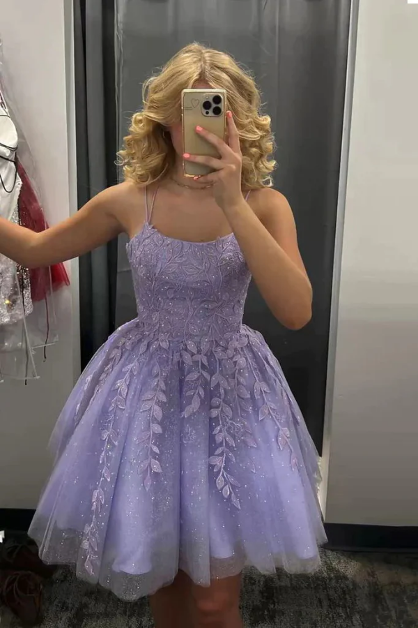 Sparkly Lavender Short Homecoming Dress A Line Tulle Sleeveless Lace Appliques Party Dress KPH0703