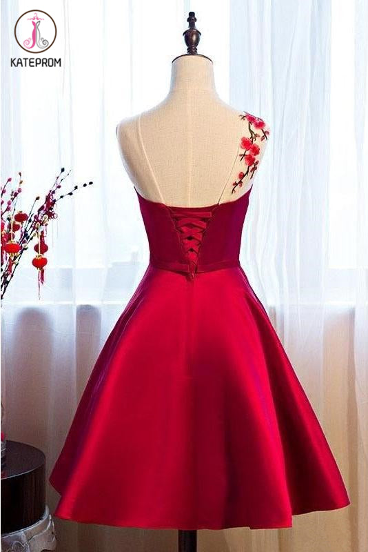 Burgundy Sheer Neck Knee Length Sleeveless Satin Homecoming Dress with Belt KPH0438