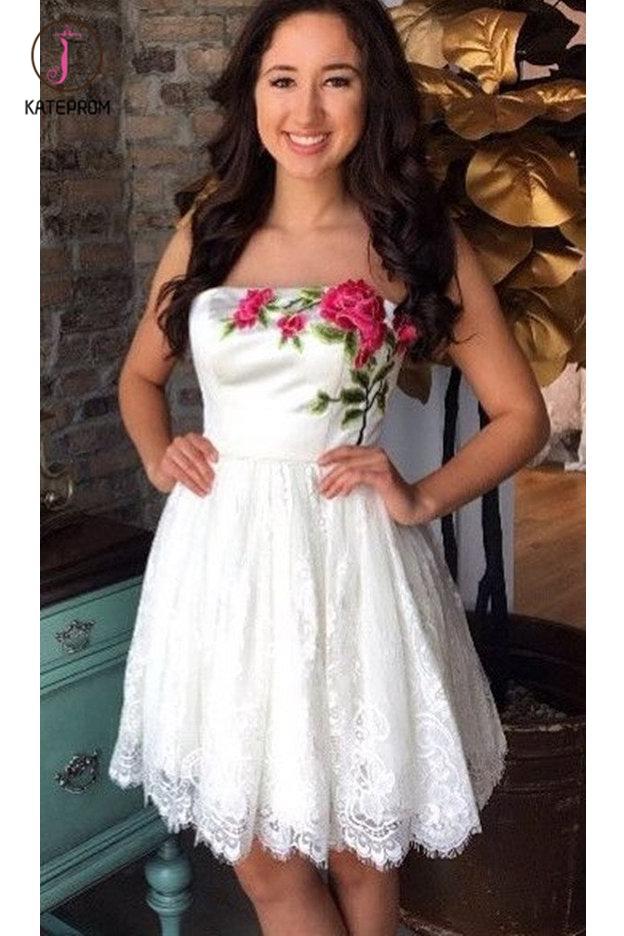 Black Strapless Lace Homecoming Dress with Appliques, Short A Line Prom Dress KPH0369