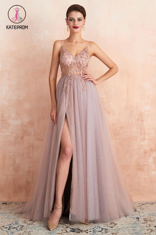 Straps A-Line Beading Rose Split Tulle Prom Dress With Crystal KPP0968