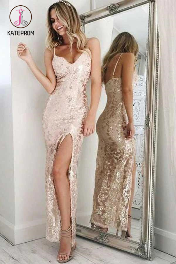 Sexy Spaghetti Straps Side Slit Long Prom Dresses, Sheath Split Formal Dresses KPP1238