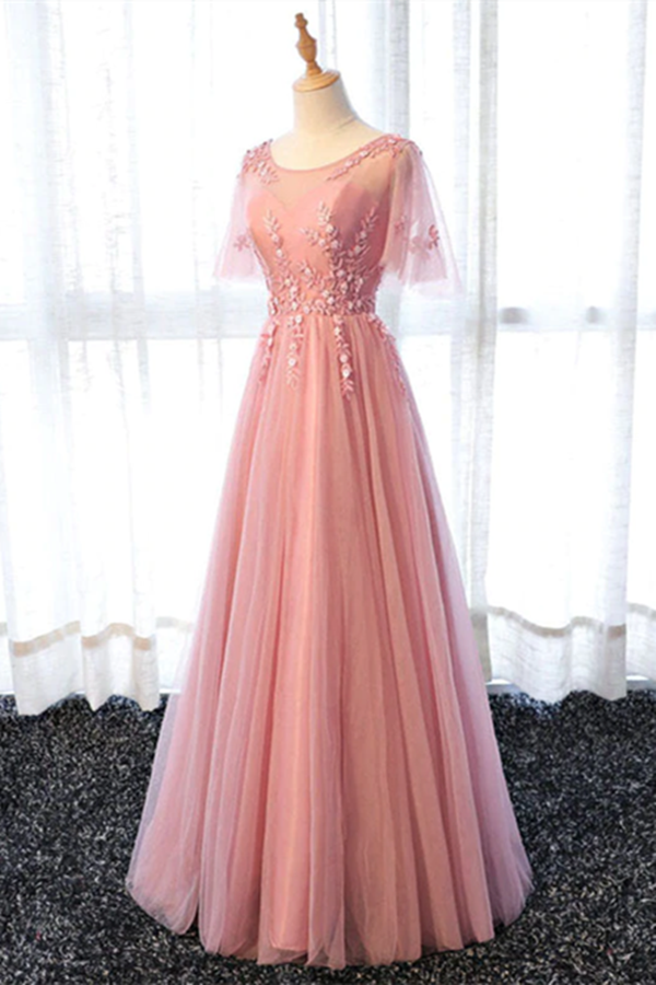 Chic A line Scoop Long Pink Tulle Prom Dress Applique Evening Party Dresses KPP1575
