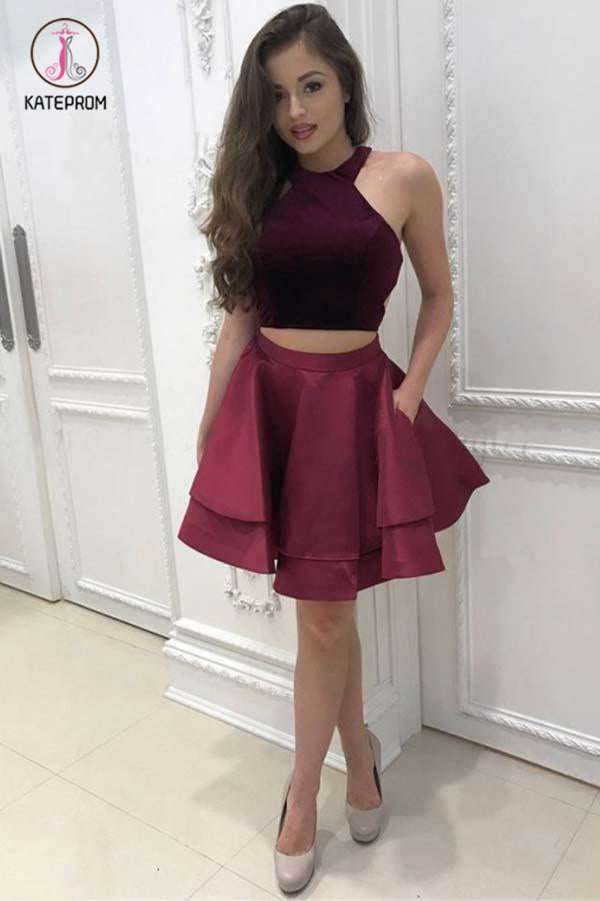 Dark Red Two Piece Satin Mini Homecoming Dress, Simple Sleeveless Party Dresses KPH0366