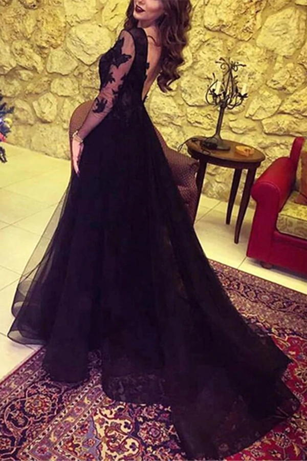 Black Tulle Lace Long Sleeve Prom Dress With Split KPP1515