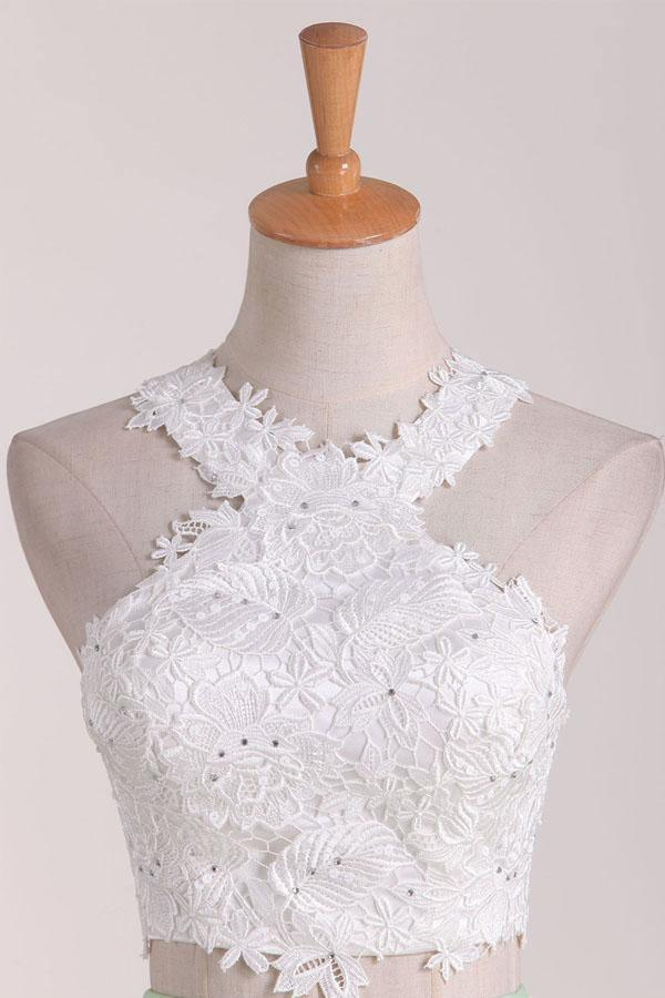 Two Piece Scoop Homecoming Dresses A Line Satin With Applique KPH0697