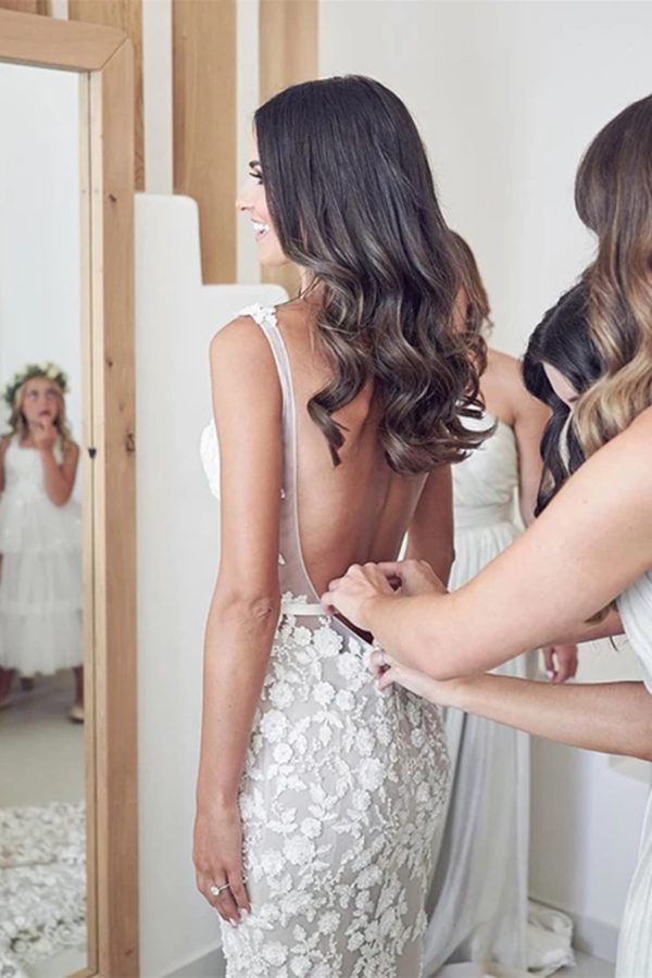 Spaghetti Straps Mermaid Wedding Dresses Lace Appliqued Gowns KPW0656