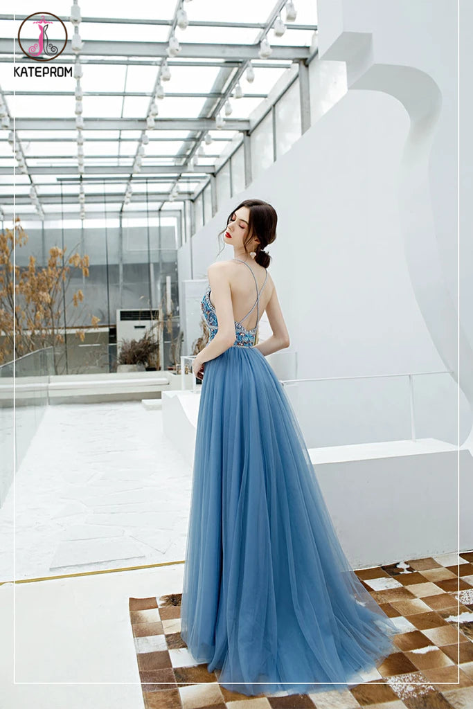 Sexy Spaghetti Straps Long Tulle Prom Gown, Unique Beading Prom Dress KPP1297