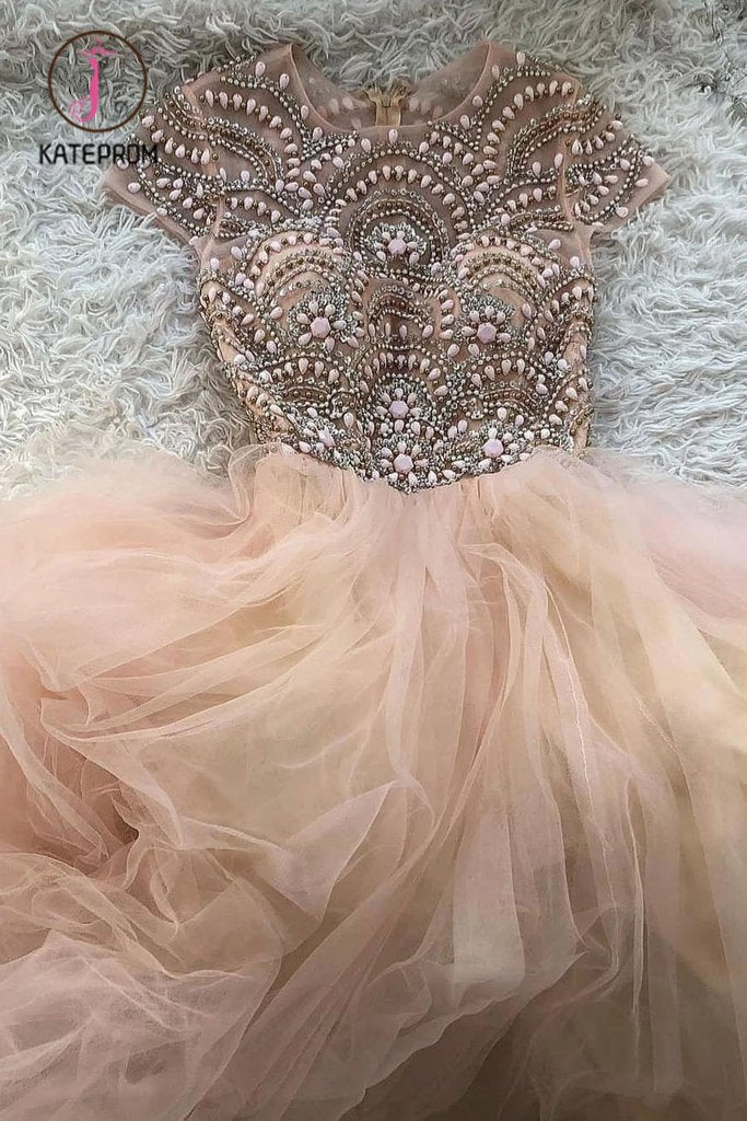 Floor Length Round Neck Tulle Prom Dress with Beading, Short Sleeves Long Evening Dress KPP1019