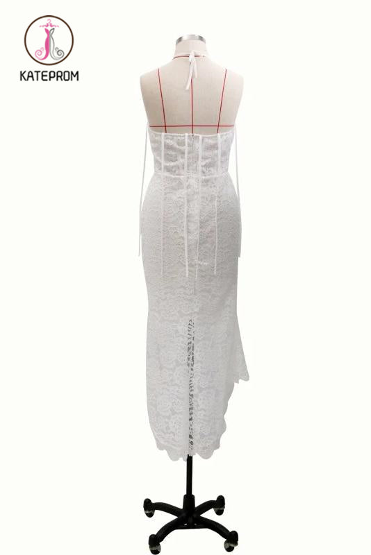 Sheath Lace Prom Dress, Unique Lace Wedding Dress with Ruffles KPP1044