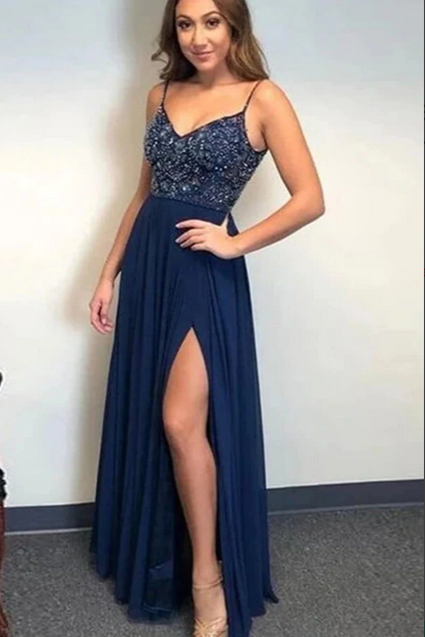Navy Blue A line Beaded Spaghetti Straps Prom Dresses, Long Formal Dress KPP1550
