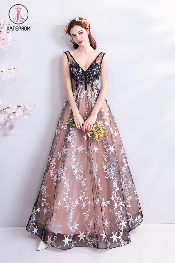 Charming Floor Length Sleeveless Prom Dress with Stars, A Line Appliques Evening Dress KPP1067