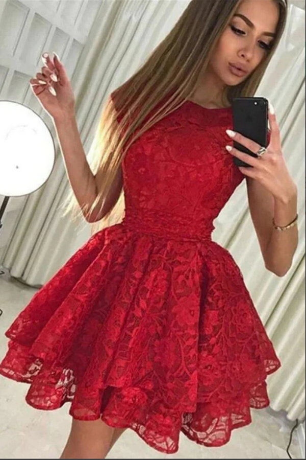Cute Red Round Neck A line Cap Sleeves Lace Short Homecoming Dresses KPH0653
