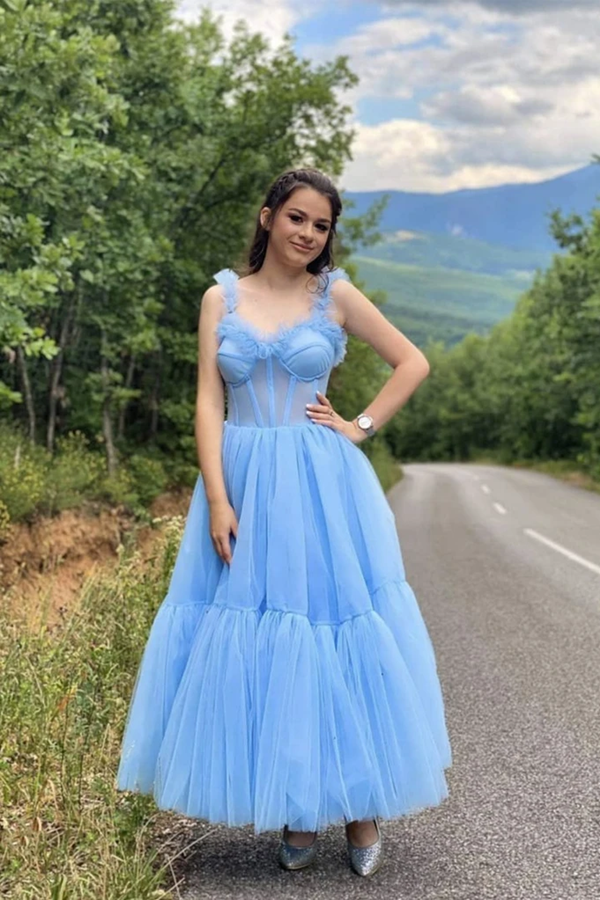 Sky Blue Straps Tulle A Line Prom Dress Sweetheart Homecoming Dresses KPP1426
