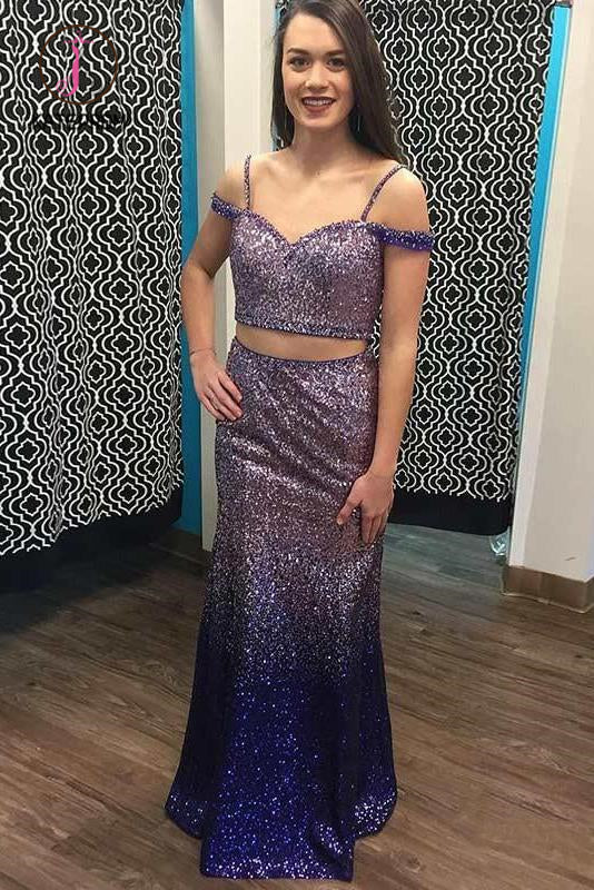 Spaghetti Straps Long Ombre Purple Sequined Prom Dresses, Two Piece Formal Dress KPP0889