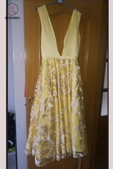 A-line Deep V Neck Sleeveless Tea-Length Prom Dress with V Back Lace Homecoming Dress KPH0284