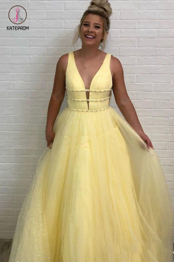 Light Sky Blue Sparkly Prom Dress, Charming Sleeveless V Neck Formal Dress KPP0758