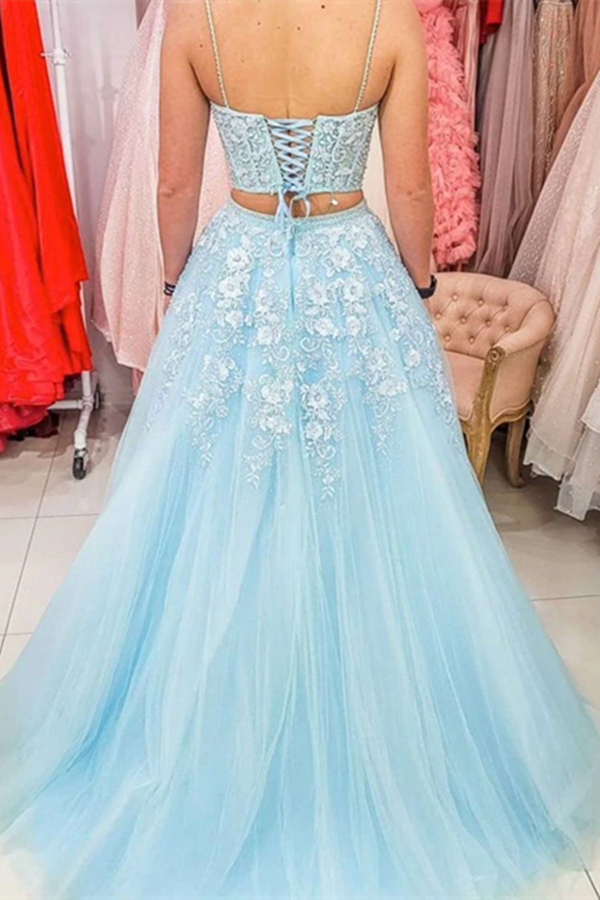 Chic A Line Spaghetti Straps Two Pieces Prom Dresses Lace Tulle Evening Dress KPP1531
