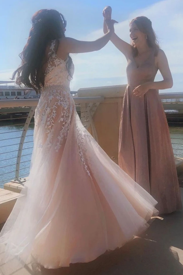 A Line V Neck Pink Lace Long Prom Dress with Belt, Pink Lace Formal Dress, Pink Evening Dress KPP1404