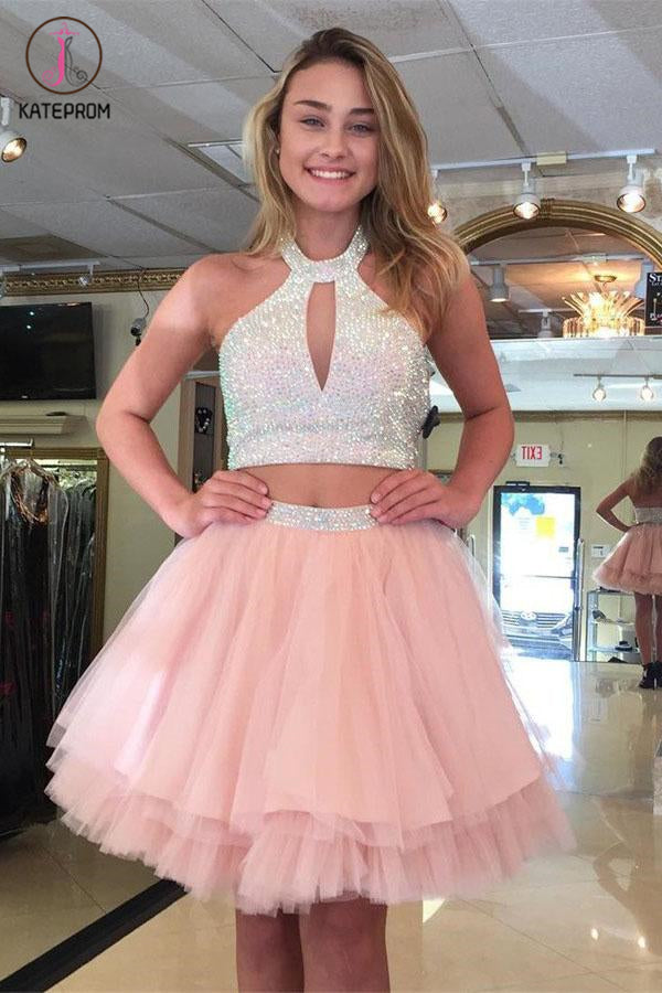 Two Piece Halter Above-Knee Pink Tiered Tulle Homecoming Dress with Beading KPH0397