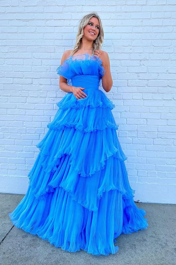 Strapless Layered Blue Long Prom Dresses, Open Back Blue Formal Evening Dresses, Blue Ball Gown KPP1740