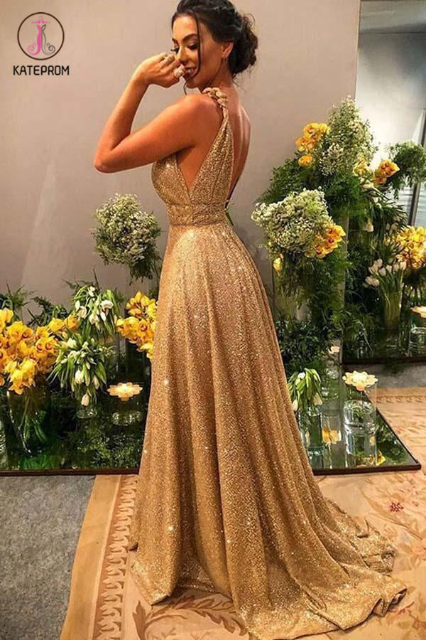 A-Line Gold Sequin Empire Prom Dress Long 2020 Sweep Train KPP1125