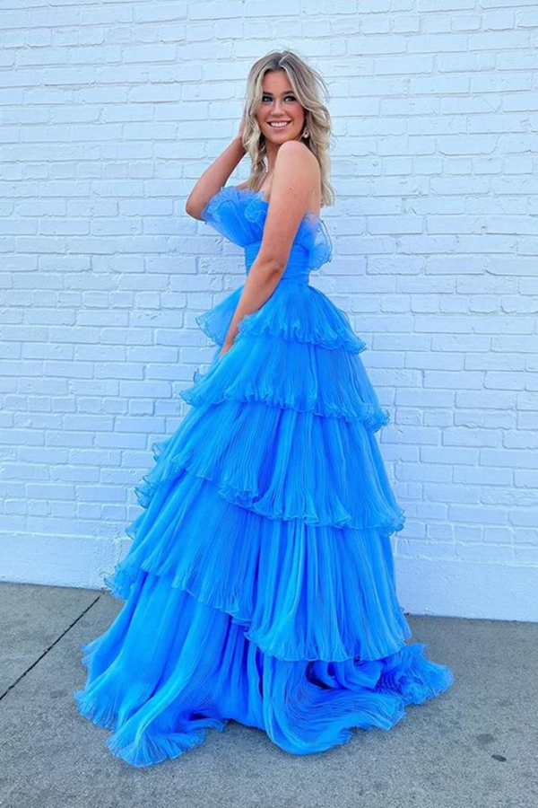 Strapless Layered Blue Long Prom Dresses, Open Back Blue Formal Evening Dresses, Blue Ball Gown KPP1740