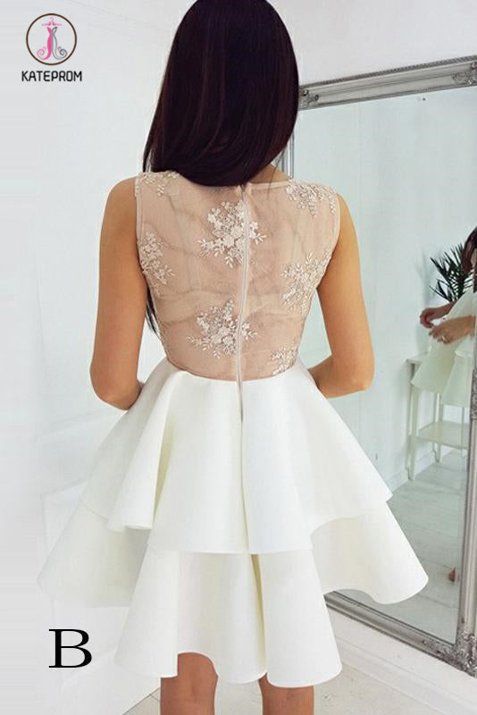 See Through Two Layers Sleeveless V Neck Homecoming Dress, Short Lace Appliqued Prom Dress KPH0295
