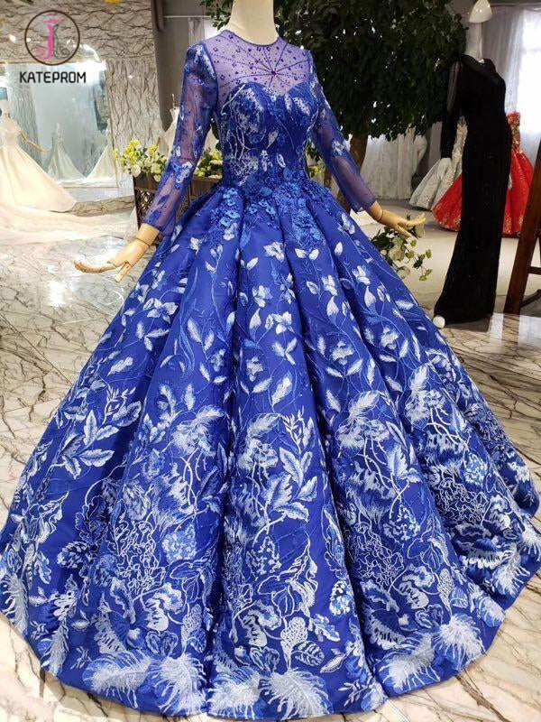 Blue Ball Gown Floral Prom Dress with Long Sleeves, Appliqued Long Quinceanera Dress KPP0851